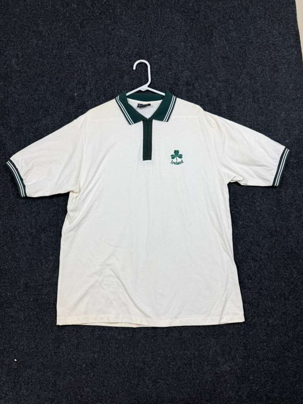 Vintage ILUM Ireland Shamrock Polo Shirt XL Made USA White Green Rugby Golf